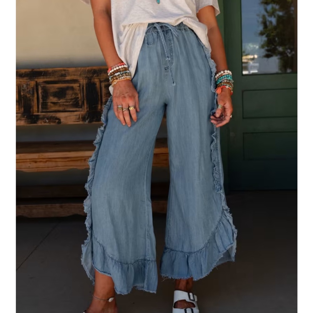 Three Bird Nest Drift Wave Ruffle Wide Leg Pants - Light Denim